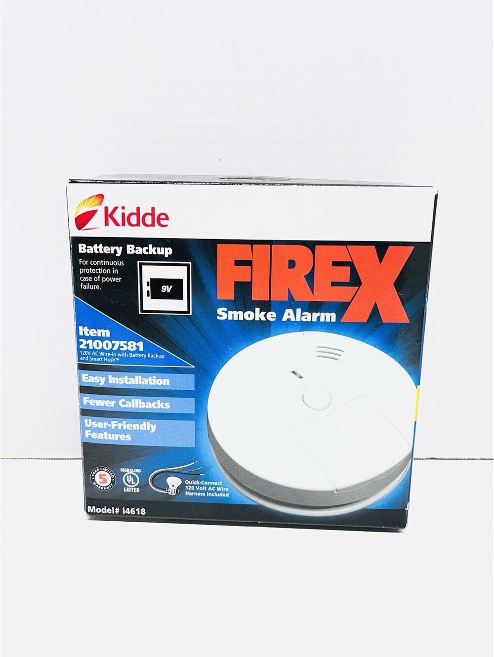 Kidde FireX i4618 21007581 Hardwired Smoke Alarm 9V Battery Backup